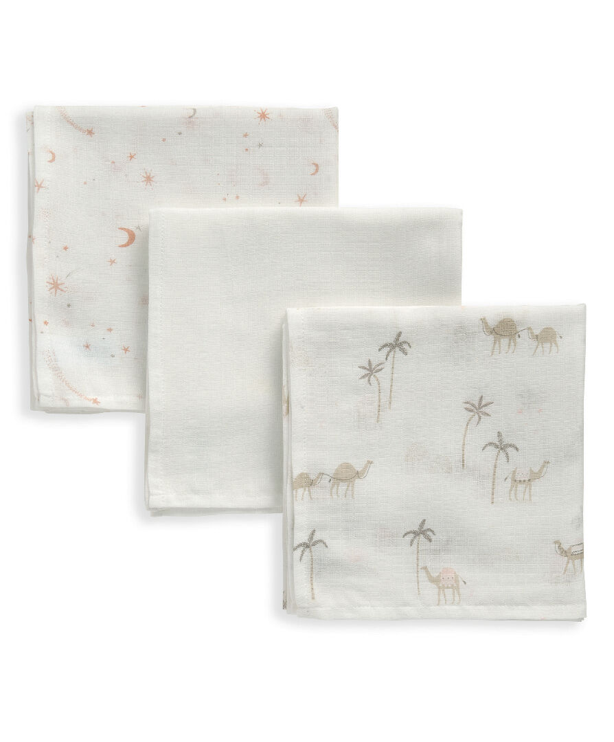 طقم مربعات موسلين بنقشة جمل - 3 قطع بلون وردي